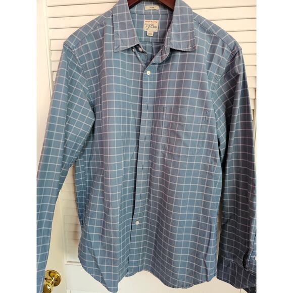 J CREW MENS LARGE SLIM AMERICAN PIMA COTTON MUTED‎ BLUE PLAID BUTTON DOWN SHIRT - Picture 1 of 2